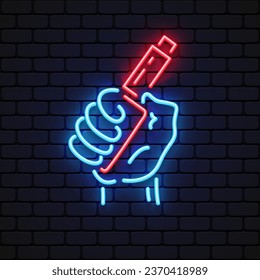 Electronic cigarette neon sign. Hand holding vape device. Vector illustration