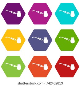 Electronic cigarette with nozzle icon set many color hexahedron isolated on white vector illustration