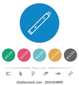 Electronic cigarette outline flat white icons on round color backgrounds. 6 bonus icons included.