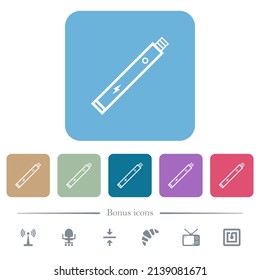 Electronic cigarette outline white flat icons on color rounded square backgrounds. 6 bonus icons included