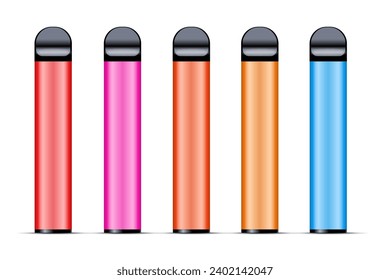 Electronic cigarette set colorful pens mod. Smoking is a bad habit. Realistic 3d illustration. Isolated on white background. Vector.