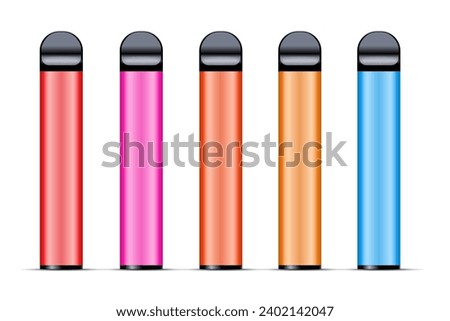 Electronic cigarette set colorful pens mod. Smoking is a bad habit. Realistic 3d illustration. Isolated on white background. Vector.