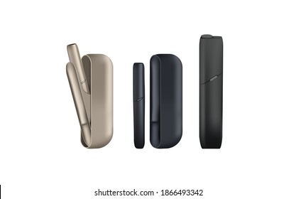 Electronic cigarette set. Smoking, white device, heating tobacco system, newest electronic cigarette. Realistic vector illustration. Great for flyers, posters, banner.