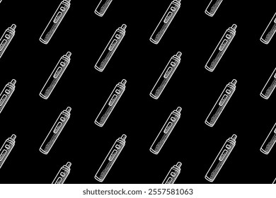 electronic cigarette smoke doodle seamless pattern on black background for decor, merchandise. atomizer vape engraving vector isolated pattern background. seamless pattern of vaping device background 