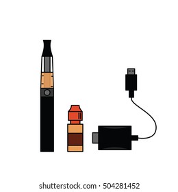 Electronic cigarette smoking liquid and charger. Vector illustration.