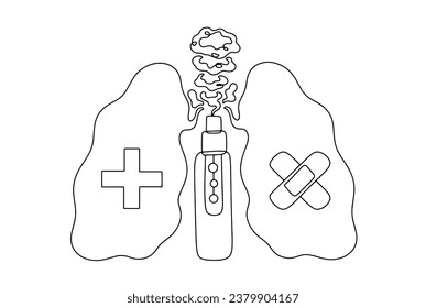 An electronic cigarette that emits smoke in the form of lungs. Lung disease due to smoking. No Smoking Day. One line drawing for different uses. Vector illustration.