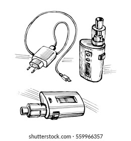Electronic cigarette USB cable charge icon in outline style isolated on white background. Vector sketch illustration.