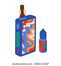Cigarrillo electrónico, uva con líquido recargable. Ilustración sobre el tema del tabaco. Malos hábitos, mal estilo de vida. Objetos vectoriales aislados en fondo blanco.