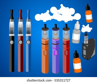 Electronic cigarette and vaping e-liquid fluid and exhaling cloud of vapor or smoke. E-cigarette electronic personal vaporizer box mod vector illustration