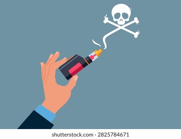Electronic Cigarette Vaping Vape for Vapor Bar and Vape Shop with smoke forming skull and crossbones. Smoking kills. Flat vector illustration