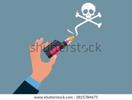 Electronic Cigarette Vaping Vape for Vapor Bar and Vape Shop with smoke forming skull and crossbones. Smoking kills. Flat vector illustration