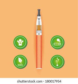 Electronic cigarette vector draw with green icons in orange color.