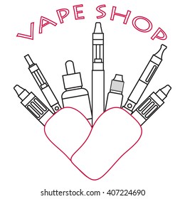  Electronic cigarette  Vector illustration of vape.  Symbol set electronic cigarette store. The intersection of electronic cigarettes in the form of the heart with the inscription VAPE SHOP. 