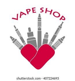  Electronic cigarette  Vector illustration of vape.  Symbol set electronic cigarette store. The intersection of electronic cigarettes in the form of the heart with the inscription VAPE SHOP. 