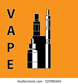  Electronic cigarette.  Vector illustration of vape. Dark print on orange background .