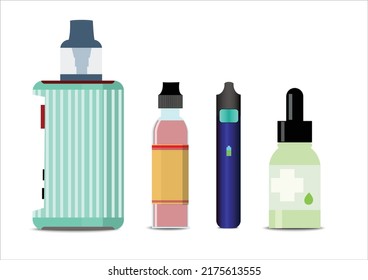 Iconos electrónicos de cigarrillos y accesorios. Dispositivo de abono y frascos con líquido de uva. Algodón líquido,Vape de piners,Pluma de Vape,Cigarrillo electrónico vectorial y vector plano.