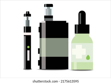 Electronic Cigarettes and accessories icons set. Vaping device and bottles with vape liquid. Liquid cotton,Pincers vape,Vape Pen,Vector E-cigarette and Flat vector.