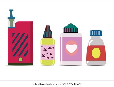 Electronic Cigarettes and accessories icons set. Vaping device and bottles with vape liquid. Liquid cotton,Pincers vape,Vape Pen,Vector E-cigarette and Flat vector.