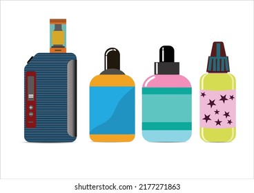 Electronic Cigarettes and accessories icons set. Vaping device and bottles with vape liquid. Liquid cotton,Pincers vape,Vape Pen,Vector E-cigarette and Flat vector.