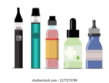 Electronic Cigarettes and accessories icons set. Vaping device and bottles with vape liquid. Liquid cotton,Pincers vape,Vape Pen,Vector E-cigarette and Flat vector.