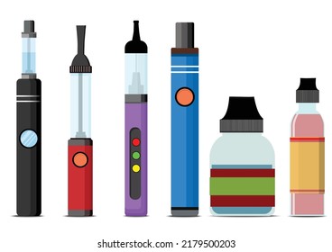 Electronic Cigarettes and accessories icons set. Vaping device and bottles with vape liquid. Liquid cotton,Pincers vape,Vape Pen,Vector E-cigarette and Flat vector.