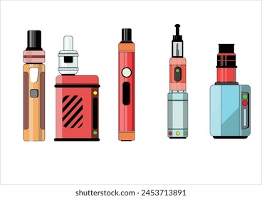 Elektronische Musik Cigarettes and Accessories Icons set. Verdampfervorrichtung und Flaschen mit Verdampferflüssigkeit. Flüssige Baumwolle, Zange Vape, Vape Pen, Vektorgrafik E-Zigarette und Flat Vektorgrafik.