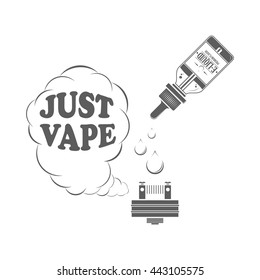 Electronic cigarettes concept illustration. Smoke cloud and e-liquids bottle on white background. For vape store advertising or window signage. Monochrome vector