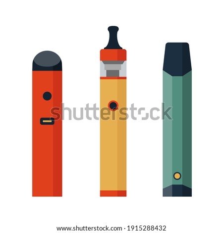 Electronic Cigarettes set. E-cigarette for vaping. Different design vape pens. Hipster equipment for smoking. Flat cartoon vector illustration.