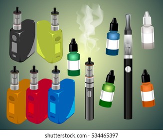 Electronic cigarettes set with five different colors. Vector illustration.