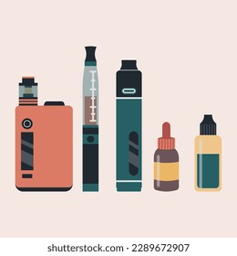 Electronic Cigarettes set for vaping. Vaping device set. Electronic cigarette and bottles with vape liquid. E-juice dropper bottle. Vape bottle with e-liquid. Flat vector illustration.