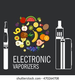 Electronic cigarettes set. Vector. Icons of E-Liquid. Vector E-Liquid illustration of different flavor. Vape trend. The taste of the electronic cigarette