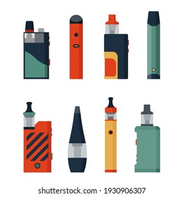 Electronic Cigarettes and Vape set. E-cigarette for vaping. Different design vape pens and pod mods. Hipster equipment for smoking. Flat cartoon vector illustration.