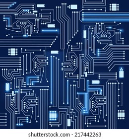 Fondo del circuito electrónico. Fondo del circuito electrónico azul y brillante