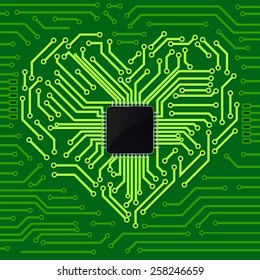 Electronic circuit background with Circuit  heart and processor. Vector Illustration