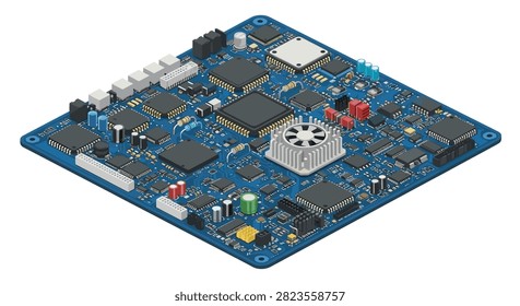 Electronic circuit board featuring central cooling fan heatsink and various microchips on blue PCB substrate for computer hardware engineering.