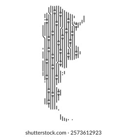 Electronic circuit board forming Argentina map symbolizing technological innovation, digital infrastructure, and the future of technology