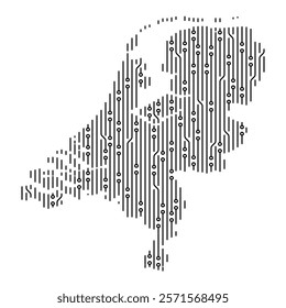 Electronic circuit board forming the map of Netherlands, representing digitalization, technology and innovation