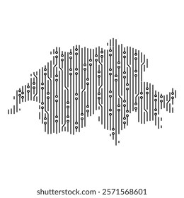 Electronic circuit board forming the map of Switzerland, symbolizing technological advancement and international networks