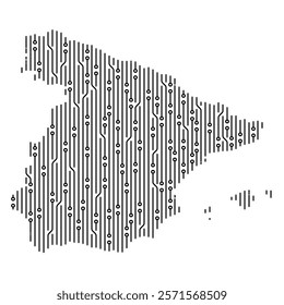 Electronic circuit board forming Spain map, symbolizing technological advancement, digital infrastructure, and innovation within the country