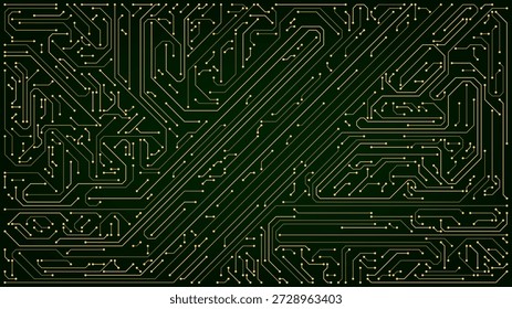 Placa de circuito eletrônico com linhas brilhantes em fundo escuro. Conceito abstrato de tecnologia de transferência de informação de dados digitais.