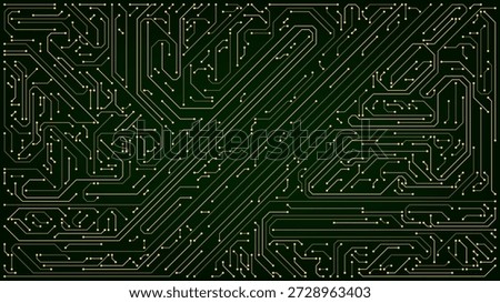Electronic circuit board with glowing lines on dark background. Abstract digital data information transfer technology concept.