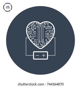 electronic circuit board heart with battery line vector icon