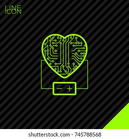 electronic circuit board heart with battery line vector icon
