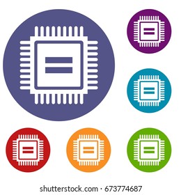 Electronic circuit board icons set in flat circle reb, blue and green color for web