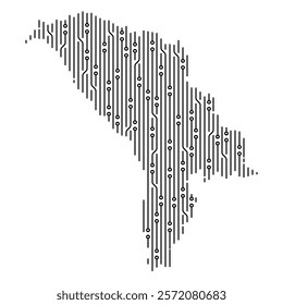 Electronic circuit board lines creating Moldova map on white background