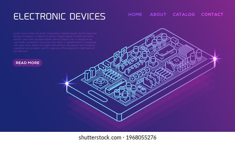 Electronic circuit board on a smartphone screen isometric vector illustration.