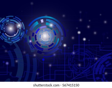 Electronic circuit board on space and dark blue color background. Hi-tech digital technology and engineering digital telecoms technology concept, Abstract futuristic vector illustration.