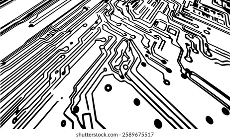 Electronic circuit board pattern. Black lines and dots create complex. Technology, engineering, and AI-related design concept. High-contrast black and white abstract vector illustration.