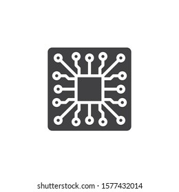 Electronic circuit board with processor vector icon. Microchip filled flat sign for mobile concept and web design. CPU, Processor glyph icon. Symbol, logo illustration. Vector graphics