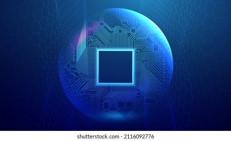 Electronic circuit board in sphere shield. Blue technology network vector illustration with hexagon wave. Network connection background.